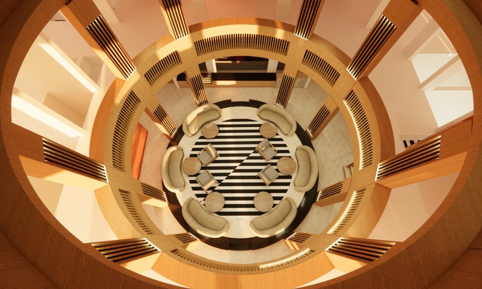 The lounge seen from above — curved sofas gathered in a circle