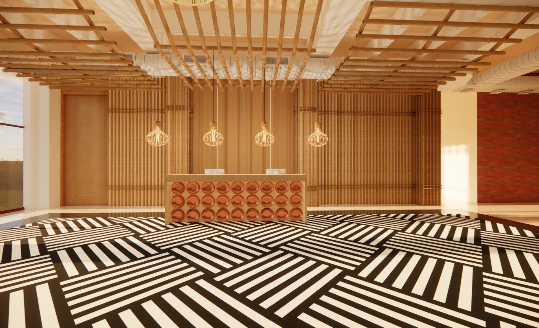 Arrival desk in cane and copper, set on a hand-patterned floor
